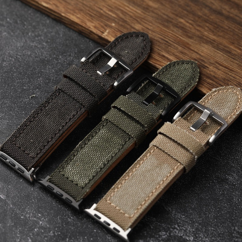 Hand-Stitched Canvas And Leather Watch Strap, Handmade