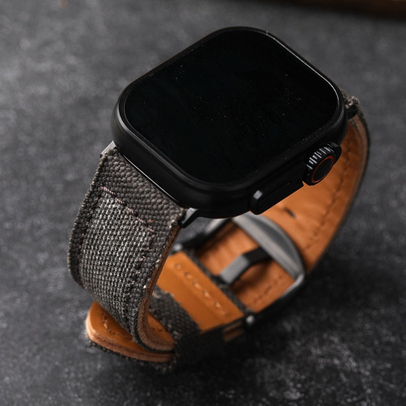 Hand-Stitched Canvas And Leather Watch Strap, Handmade