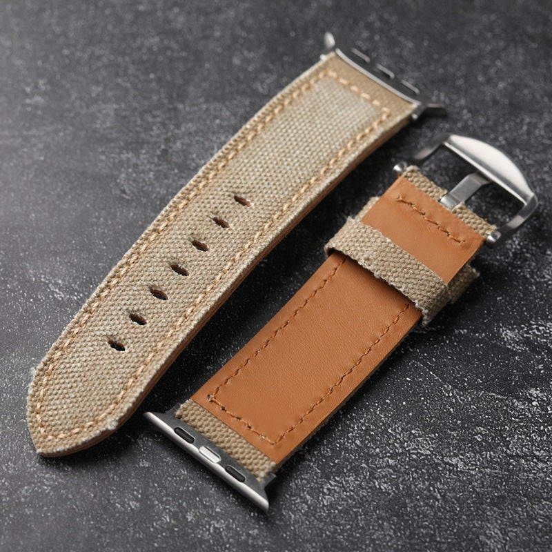 Hand-Stitched Canvas And Leather Watch Strap, Handmade