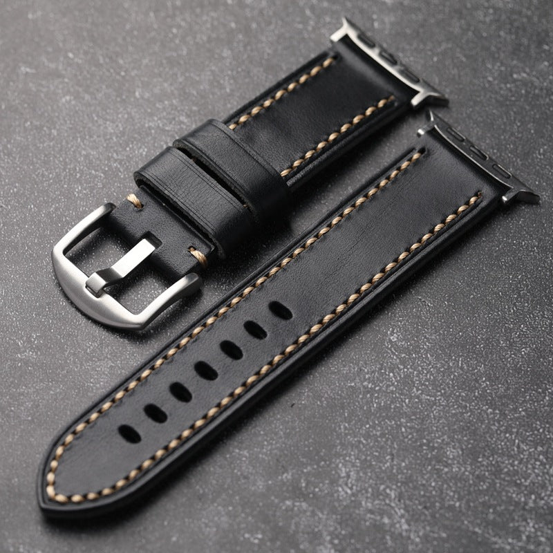 Black Leather Strap With Gold-Piped Stitching For Durability