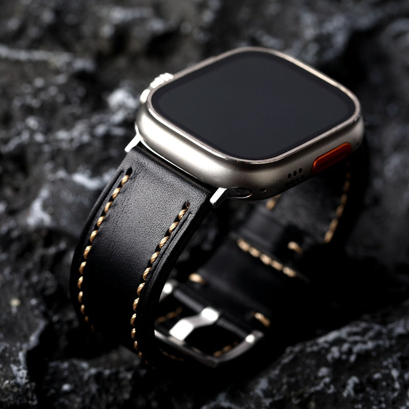 Black Leather Strap With Gold-Piped Stitching For Durability