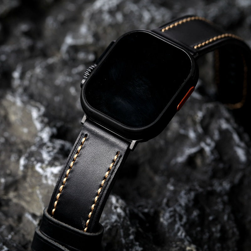 Black Leather Strap With Gold-Piped Stitching For Durability