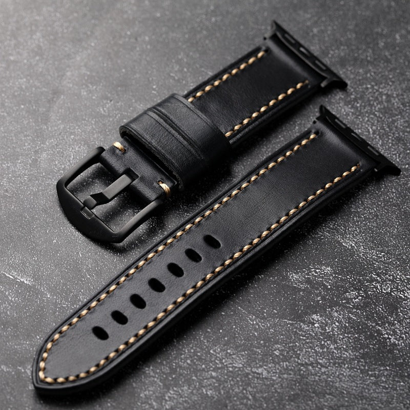 Black Leather Strap With Gold-Piped Stitching For Durability