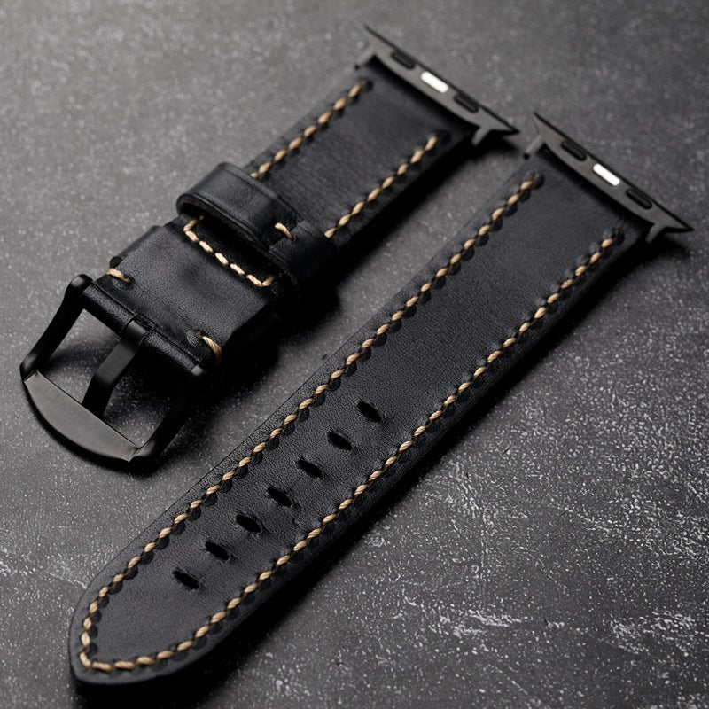 Black Leather Strap With Gold-Piped Stitching For Durability
