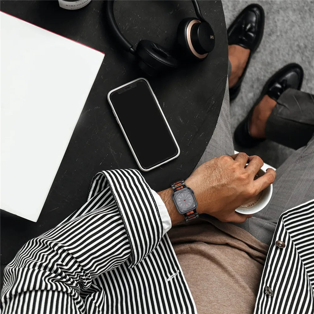 Red Sandalwood And Stainless Steel Watch Band For NovaTime Watch